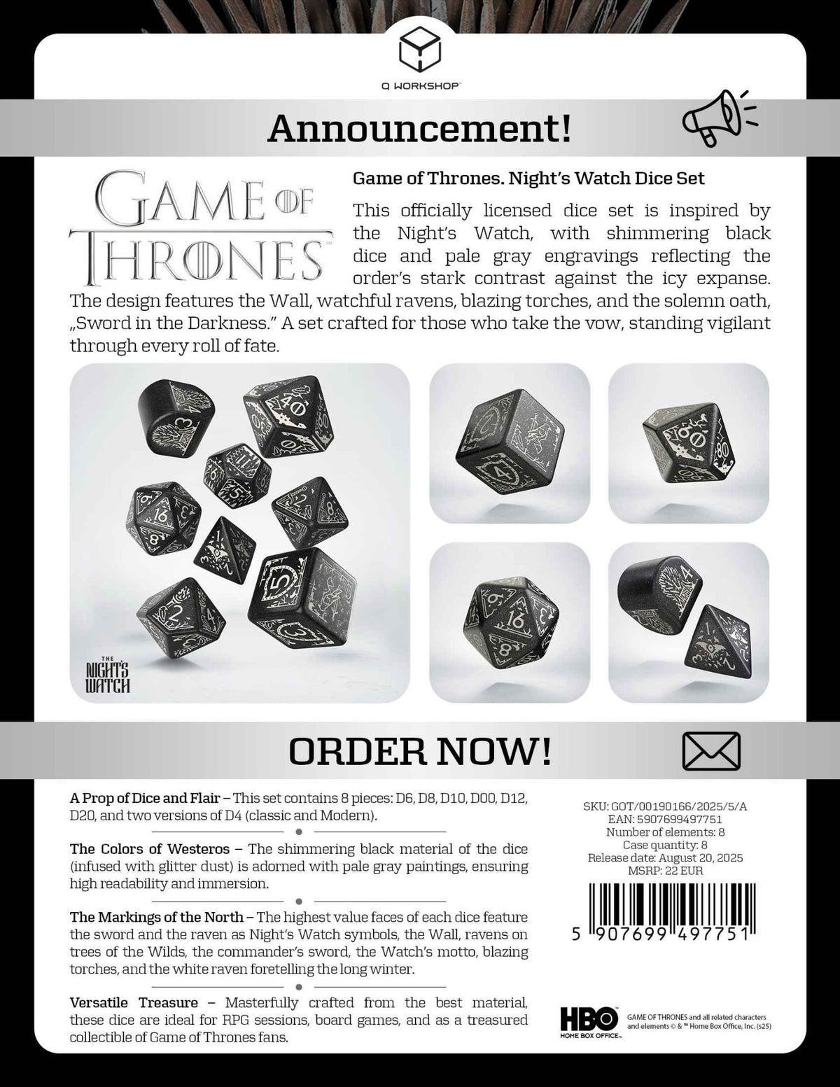 Game of Thrones. Night's Watch Dice Set.